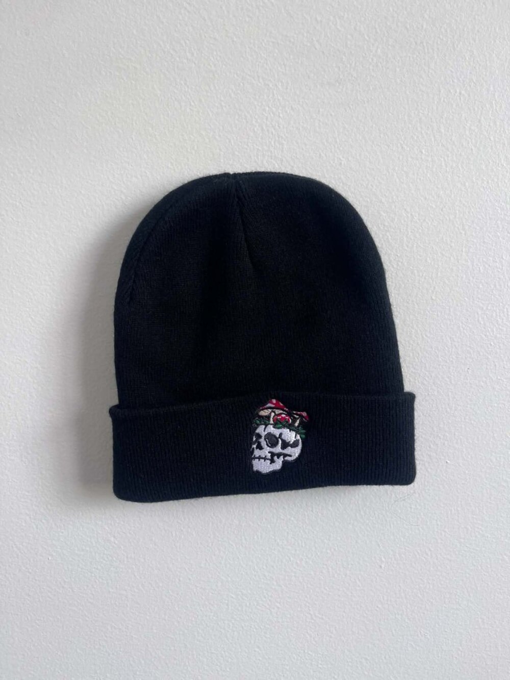 Black Skull & Mushroom Embroidered Beanie | One Size